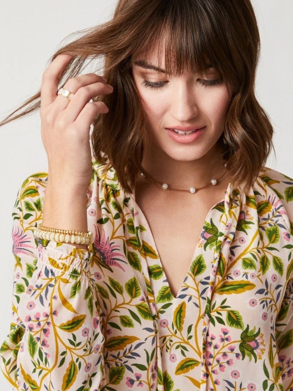 Spartina 449 100% Silk Cream Blouse with Pink & Green Botanical Print